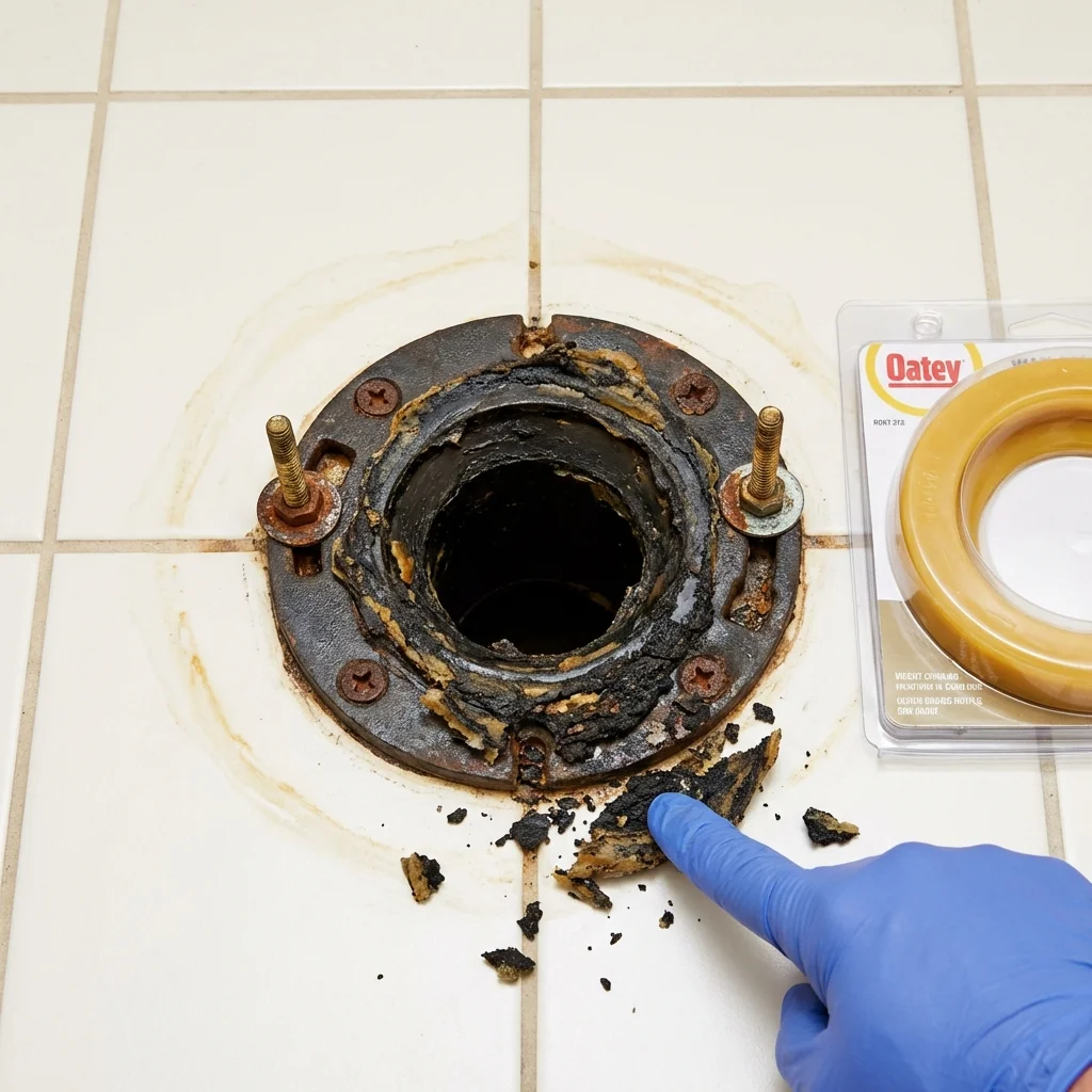Failed wax ring showing water seepage at the base of a toilet in a Brandon, MS home
